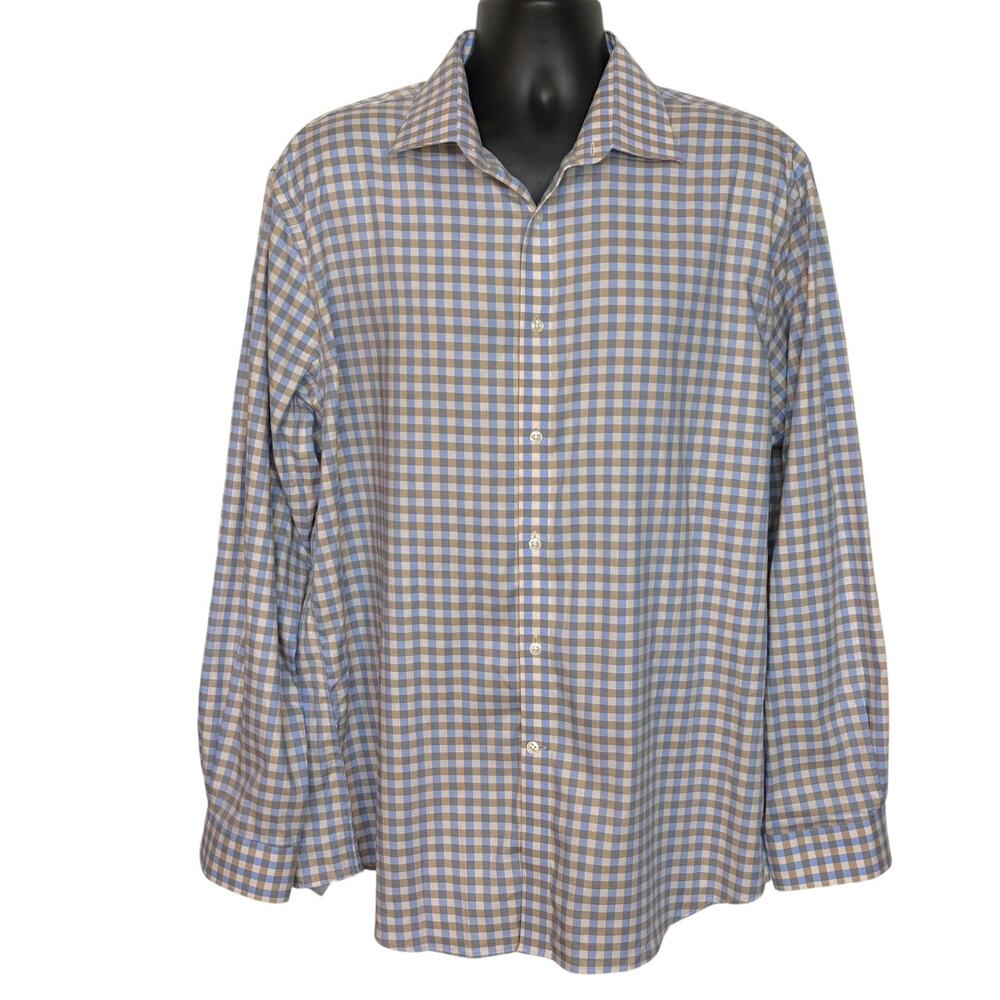 Michael Kors Men 17.5 XL Blue Tan Gingham Plaid Airsoft Stretch Dress Shirt
